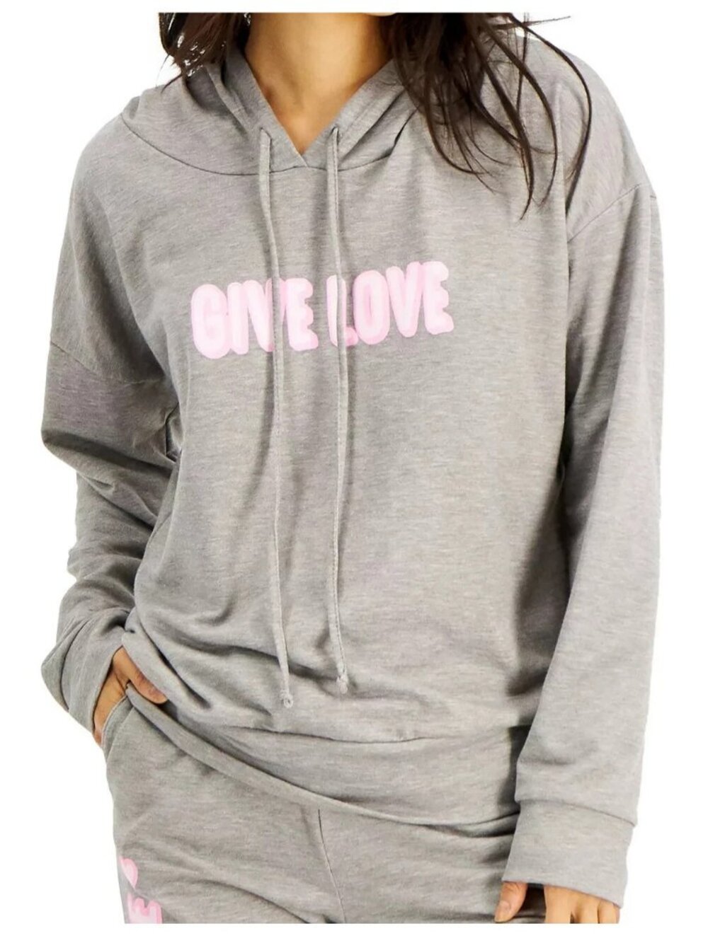 Jenni Intimates Women's Hooded Lounge Pajama Top, Gray Give Love, XS
